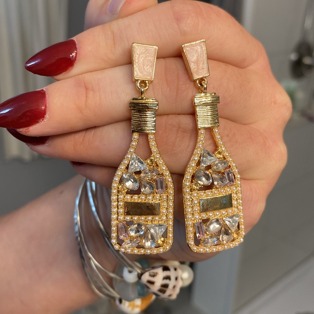 New Pink crystal pearl champagne earrings party bartender dangle - Picture 1 of 5
